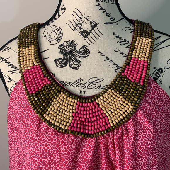 Buttons USA Geometric Beaded Neck Floral Short Tunic Sun Dress Size:M - Picture 2 of 11